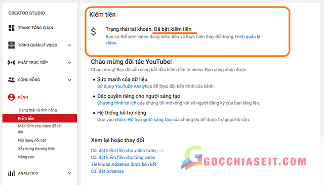 bật tính năng kiếm tiền trên youtube