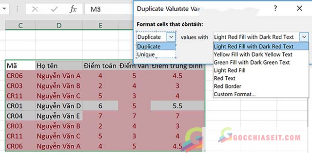 Cách lọc dữ liệu trùng trong Excel