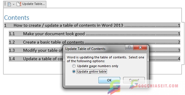 cách update mục lục trong word 2010 12