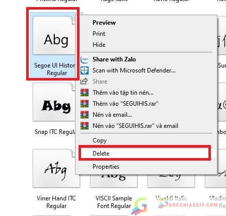 Click chuột phải vào font chữ Segoe UI Historic và chọn Delete