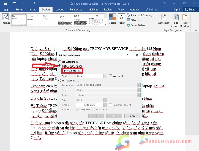 Click chọn “Picture watermark”