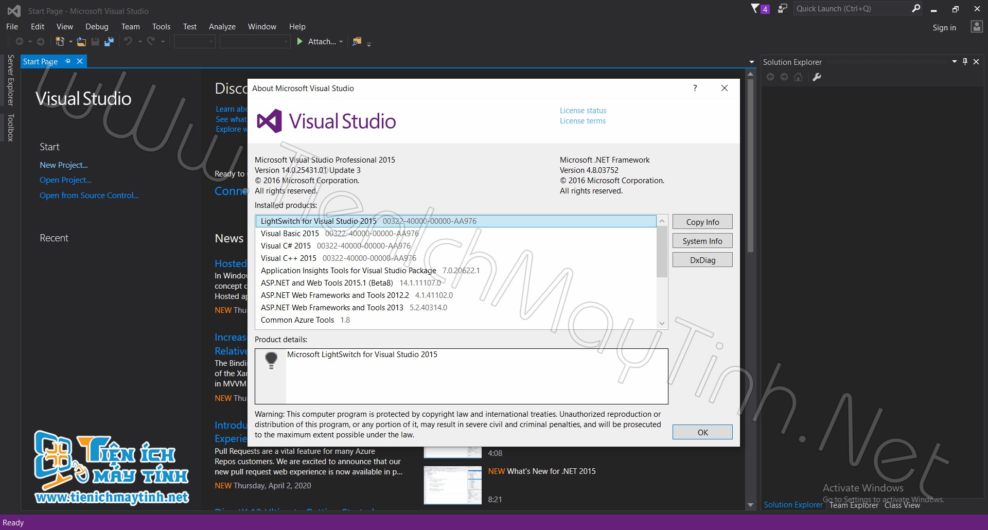 Cuối cùng giao diện màn hình chính và thông tin phiên bản của Visual Studio 2015