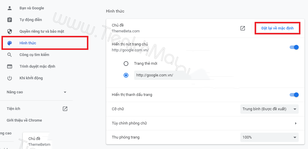 Chọn Settings -> Hình Thức -> Chủ đề -> Đặt về mặc định.