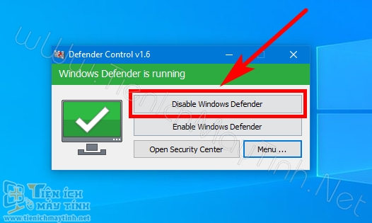 Để tắt hay vô hiệu hoá tạm thời Windows Defender bạn chọn –> Disable WIndows Defender