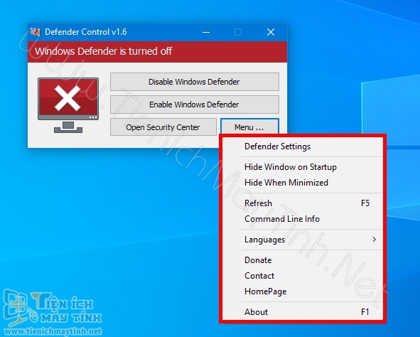 Ngoài việc bật/tắt Windows Denfender còn có một số tính năng khác tại phần Menu.