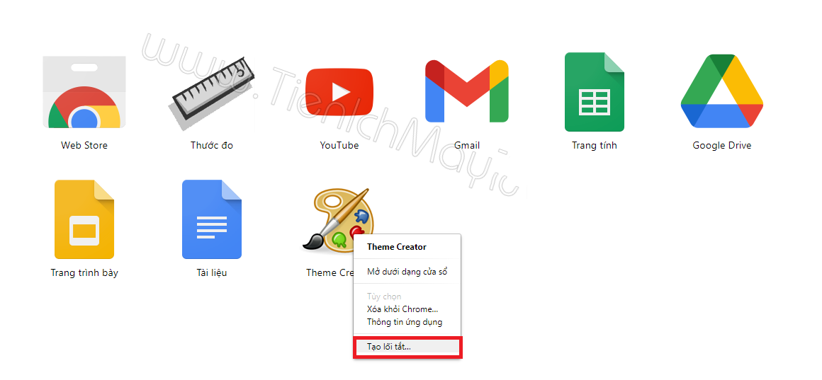 Click chuột phải chọn Theme Creator -> Tạo phím tắt.