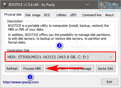 Công cụ BootIce hiện lên. Tại phần “Destination Disk” bạn hãy chọn ổ cứng có phân vùng ổ C. Chọn –> Process MBR để nạp MBR