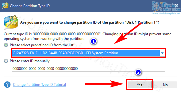 Tại phần “Please predefined ID from the list” bạn tìm đến dòng có để “EFI System Partition” như trên –> Yes