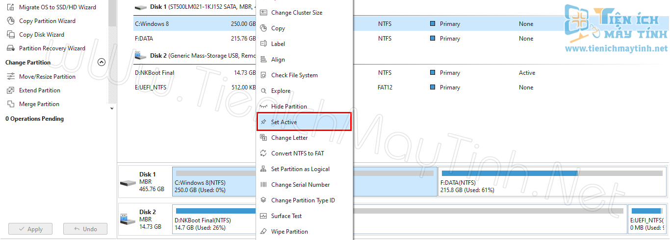 Tiếp tục, bạn click chuột phải vào phân vùng Windows đã tạo –> Set Active phân vùng này lên